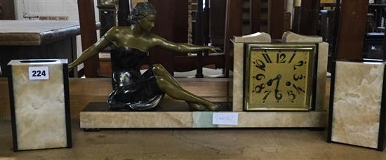 Black & beige marble Art Deco clock garniture